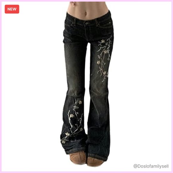 Stretchy Flare Jeans Mid Rise Embroidery Vintage Denim Y2K Retro - Picture 2 of 8